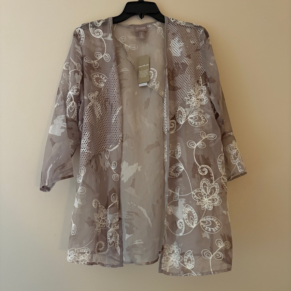Chico’s Size 2 L Sheer Embroidered Floral Kimono Duster Jacket NWT